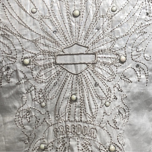 Harley-Davidson Shirt Women Silver White Pearl Snap Closure Embroider Spellout M - Picture 4 of 16